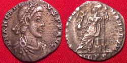 Ancient Coins - ARCADIUS AR silver siliqua. Virtus Romanorum, Roma enthroned. MEDIOLANUM mint.