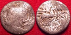 Ancient Coins - LUCIUS APPULEIUS SATURNINUS fouree denarius. 104 BC. Saturn in quadriga