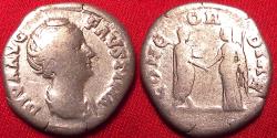 Ancient Coins - DIVA FAUSTINA I SENIOR AR silver denarius. Rome, 141 AD or later. CONCORDIAE, Pius & Faustina clasping hands.