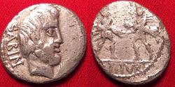 Ancient Coins - L TITURIUS L F SABINUS AR silver denarius. Bust of King Tatius, Abduction of the Sabine women. Scarce.