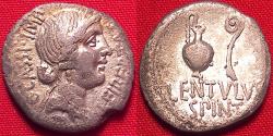Ancient Coins - G CASSIUS LONGINUS & P CORNELIUS LENTULUS SPINTHER AR silver denarius. Military mint with Brutus & Cassius, 42 BC. Caesar's assassins. Bust of Libertas, jug & lituus