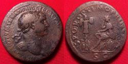 Ancient Coins - TRAJAN AE sestertius. Dacian captive seated on shield, trophy of arms beside. Scarce