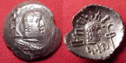 Ancient Coins - HIMYAR KINGDOM (The Homerites) AR silver scyphate 'quinarius'. 125-150 AD, under Shamnar Yahan'am. Head of deity / head of ruler.