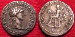 Ancient Coins - TRAJAN AR silver denarius. 98 AD. Victoria seated left, holding palm & patera.