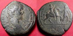 Ancient Coins - SEPTIMIUS SEVERUS AE sestertius. ADVENTVI AVG FELICISSIMO, Severus on horseback, being led by Minerva or Roma. Scarce.