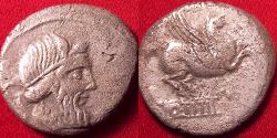 Ancient Coins - QUINTUS TITIUS AR silver denarius. Bust of Mutinus Titinus (Priapus), wearing winged diadem. Pegasus springing from tablet.