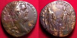 Ancient Coins - SEPTIMIUS SEVERUS AE sestertius. DIS AUSPICIB, Hercules & Bacchus standing, panther at their feet. Rare