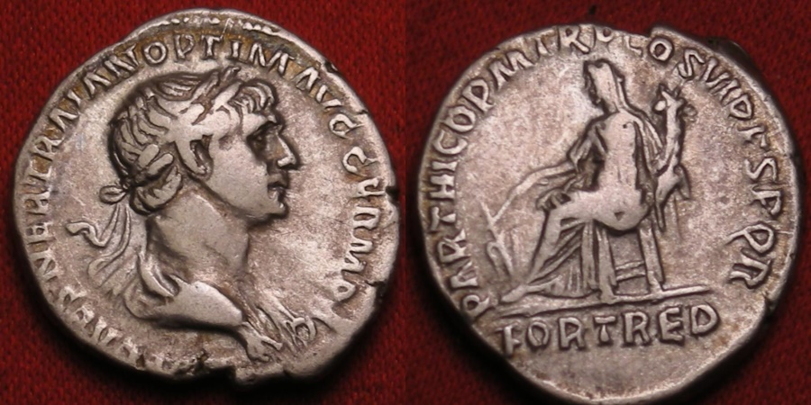 TRAJAN AR silver denarius. Fortuna seated, holding rudder & cornucopia ...