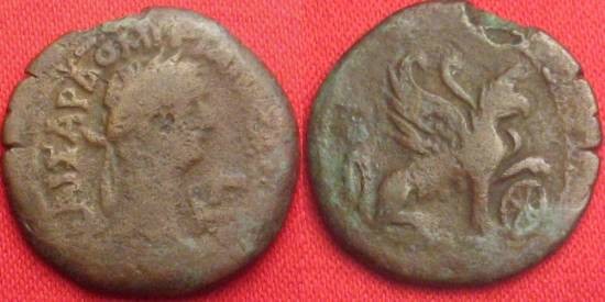Ancient Coins - DOMITIAN AE obol. Alexandria, Egypt. WINGED GRIFFIN, paw on wheel. Scarce. 