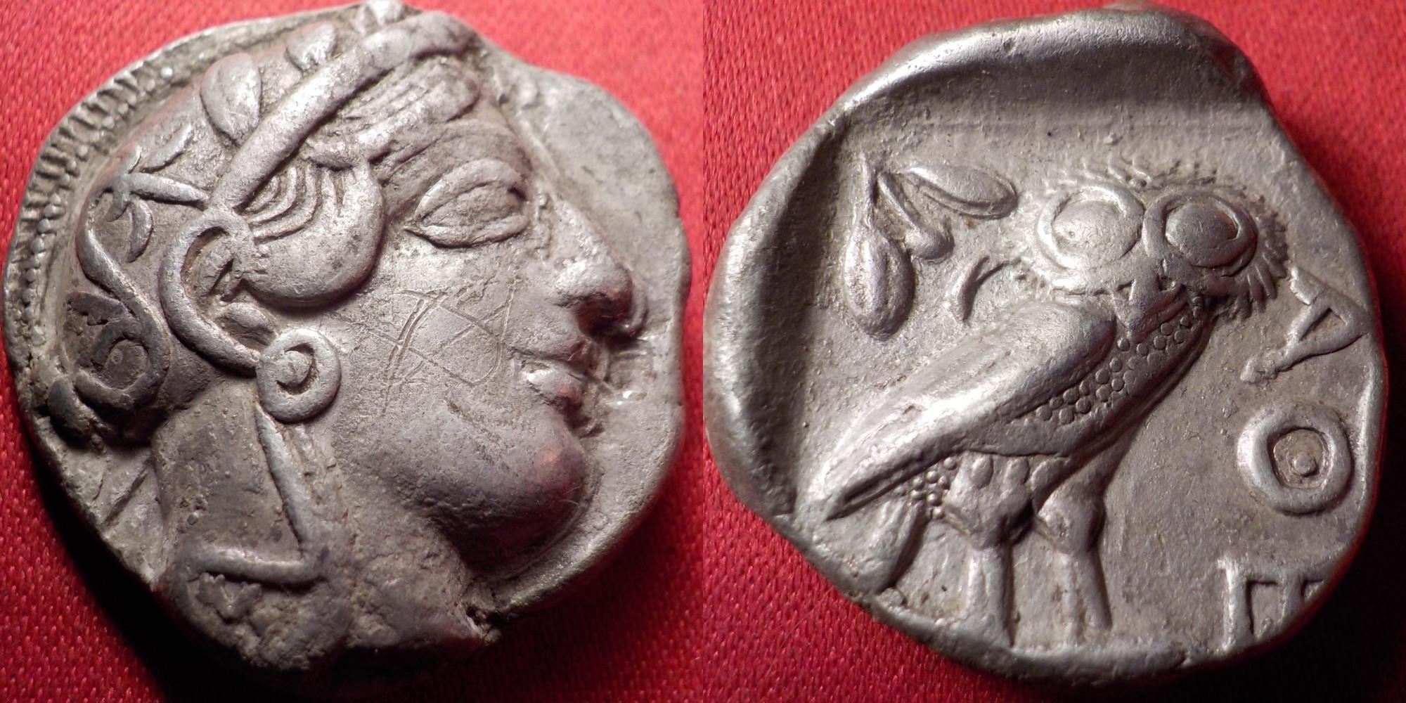 ATHENS AR silver tetradrachm. Helmeted head of Athena, Owl on reverse.