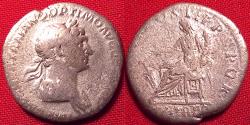 Ancient Coins - TRAJAN AR silver denarius. Fortuna seated, holding rudder & cornucopia, FORT RED in exergue