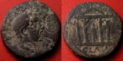 Ancient Coins - MAXIMINUS I THRAX AE 'colonial as', countermarked to valuate as a pentassarion, Ninica-Claudiopolis, Cilicia. Tetrastyle temple with statue of Emperor within. Rare.