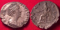 Ancient Coins - DIVA FAUSTINA I SENIOR AR silver denarius. Vesta seated left
