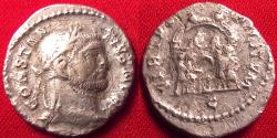 Ancient Coins - CONSTANTIUS I CHLORUS AR silver argenteus. Treveri. VIRTVS MILITVM, tetrarchs sacrificing over altar, before city gates.