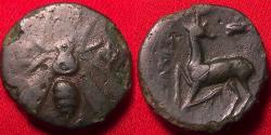 Ancient Coins - EPHESUS, IONIA AE 15mm. Bee with straight wings / Stag kneeling, astragalos above. Magistrate Mesianax