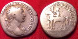 Ancient Coins - TRAJAN AR silver denarius. Emperor on horseback, carrying spear. Scarce