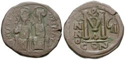 Ancient Coins - *Sear 360* Byzantine Empire. Justin II (AD 565-578) with Sophia Æ Follis