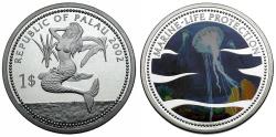 Ancient Coins - Republic of Palau. Marine Life Protection Colorized Proof $1 / Jellyfish