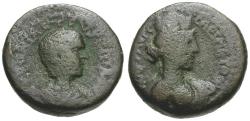 Ancient Coins - Herennia Etruscilla (AD 249-251). Samaria. Caesarea Maritima Æ20 / Tyche