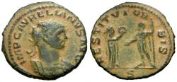 Ancient Coins - Aurelian (AD 270-275) Æ Antoninianus / Woman Presenting Wreath to Emperor