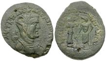Ancient Coins - Valerian I (AD 253-260). Cilicia. Irenopolis-Neronias Æ33 / Hygieia and Asklepios