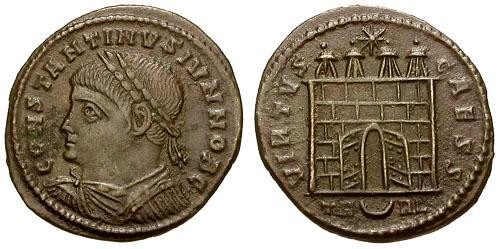 Ancient Coins - EF/EF Constantine II as Caesar &#198;3 / Open Door Camp Gate