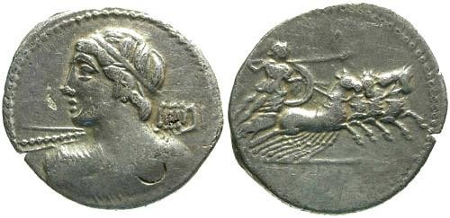 Ancient Coins - 84 BC / VF/aVF Licinia 16 Roman Republic Denarius / Minerva in quadriga