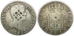 World Coins - Spain. Ferdinand VII (1808-1833) AR 2 Reales -Trinidad - Santiago - Principe / Lattice Countermark