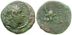Ancient Coins - Seleukid Kings. Diodotos Tryphon (142-138 BC) Æ18 / Macedonian Helmet