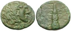 Ancient Coins - Akarnania and Aetolia. Leukas. Menander, magistrate Æ18 / Club