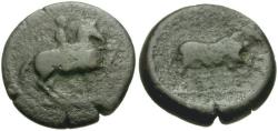 Ancient Coins - Thessaly. Atrax Æ16 / Horseman & Bull
