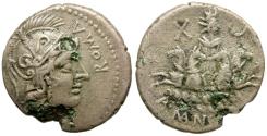 Ancient Coins - 118-107 BC - Roman Republic. A. Manlius Q.f. Sergianus AR/Æ Fourrée Denarius / Sol in Facing Quadriga