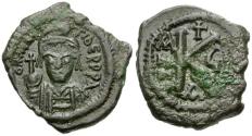 Ancient Coins - *Sear 497* Byzantine Empire. Maurice Tiberius (AD 582-602) Æ Half-Follis