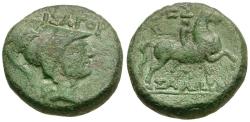 Ancient Coins - Thessaly. Thessalian League. Isagoras, magistrate Æ17 / Horse and Rider