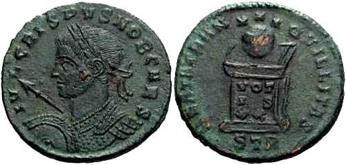 Ancient Coins - gVF/VF Crispus AE 3, rev. globe on altar
