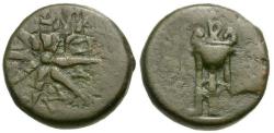 Ancient Coins - Pontic Kings of the Bosporus. Mithradates VI Eupator (120-63 BC). Pantikapaion Æ Dichalkon / Star & Tripod