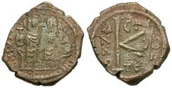 Ancient Coins - *Sear 366* Byzantine Empire. Justin II (AD 565-578) with Sophia Æ Half Follis