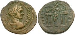 Ancient Coins - Elagabalus (AD 218-222). Phoenicia. Berytus Æ27 / Statue of Marsyas in Gateway