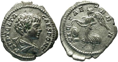 Ancient Coins - VF/VF Geta as Caesar Denarius / Victory
