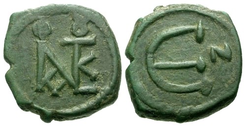 Ancient Coins - VF/VF Justin II AE Pentanummium / Monogram
