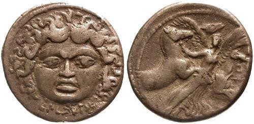 Ancient Coins - 47 BC / aVF/aVF Plautia 14 Roman Republic Denarius / Mask of Medusa / Aurora