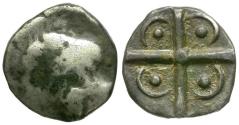 Ancient Coins - Spain. Iberia. Rodeton. Rosas. (Gerona). Imitative of Southwest Gaul. Longostaletes of Narbonne AR Drachm / Cross with Pellets and Crescents