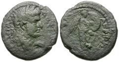 Ancient Coins - Domitian, as Caesar (AD 69-81) with Herod Agrippa II (AD 28-92). Samaria. Caesarea Maritima Æ18 / Nike