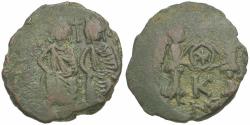 Ancient Coins - *Sear 396* Byzantine Empire. Justin II (AD 565-578) with Sophia Æ Half Follis / Two Victories