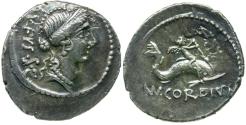 Ancient Coins - 46 BC - Roman Republic. Mn. Cordius Rufus AR Denarius / Cupid on Dolphin