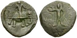 Ancient Coins - Kushan Kings of India. Huvishka (AD 150-190) Æ24 / King on Elephant / Sun god