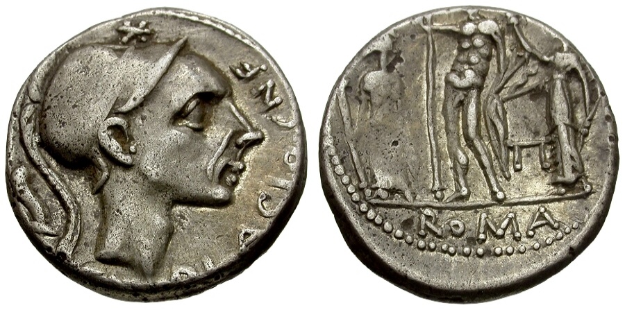 112-111 BC - Roman Republic. Cn. Blasio Cn.f. AR Denarius / Bust of ...