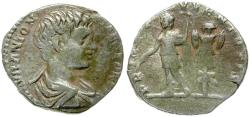 Ancient Coins - Caracalla, as Caesar (AD 196-198) AR Denarius / Prince & Trophy