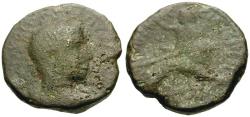 Ancient Coins - Volusian (AD 251-253). Samaria. Caesarea Maritima Æ23 / Dionysos Reclining on Lion