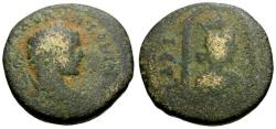 Ancient Coins - Elagabalus (AD 218-222). Seleucis and Pieria. Laodicea Æ18 / Bust of Tyche in Shrine
